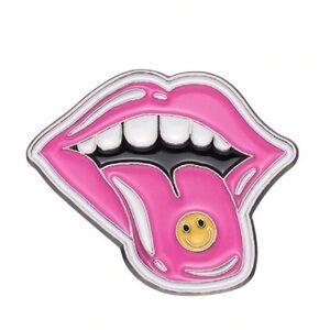 NWT Hot Pink Mouth & Tongue with Yellow Smiley-Enamel Lapel Pin Brooch, Gift!🎁